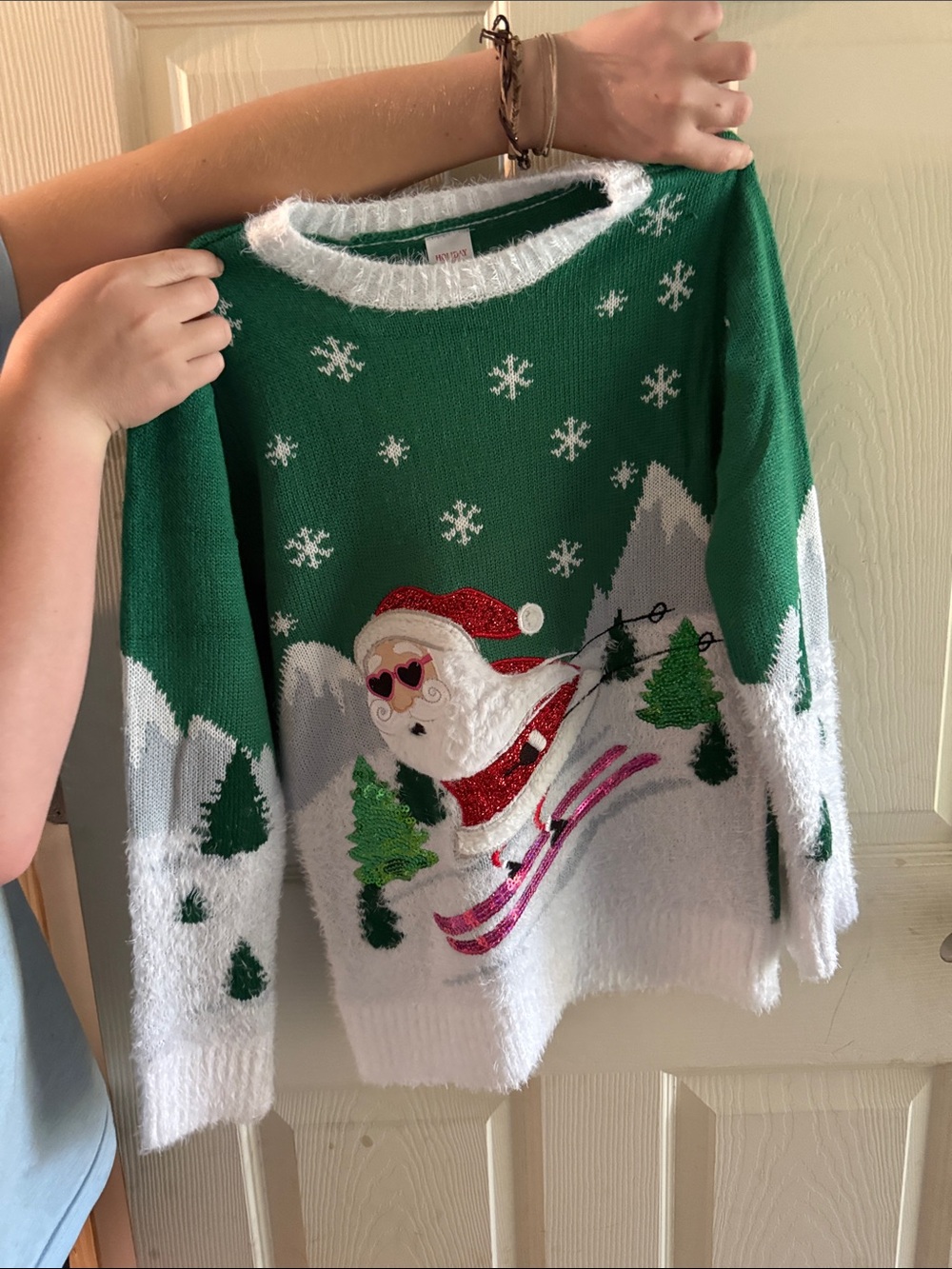 Holiday Time Green White Santa Skiing Sweater with Pink Accents